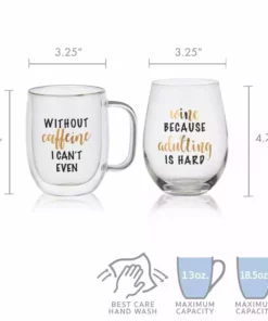 Brand new 🎉 Mikasa® Double Wall Mug and Stemless Wine Glass Set of 2, Caffeine Wine Sentiment ⌛ -Hot Sale barware Store stemless set of 2 caffeine wine glass and glass mug 5281857 5