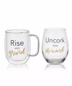 Top 10 👏 Mikasa® Double Wall Mug and Stemless Wine Glass Set of 2, Rise and Unwind Sentiments ⭐