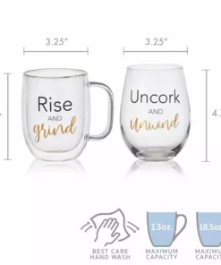 Top 10 👏 Mikasa® Double Wall Mug and Stemless Wine Glass Set of 2, Rise and Unwind Sentiments ⭐ -Hot Sale barware Store stemless set of 2 unwind wine glass and glass mug 5281850 5