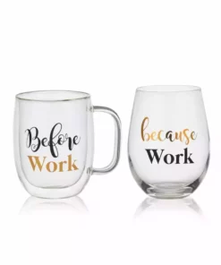 Wholesale ⭐ Mikasa® Double Wall Mug and Stemless Wine Glass Set of 2, Work Sentiment 👍